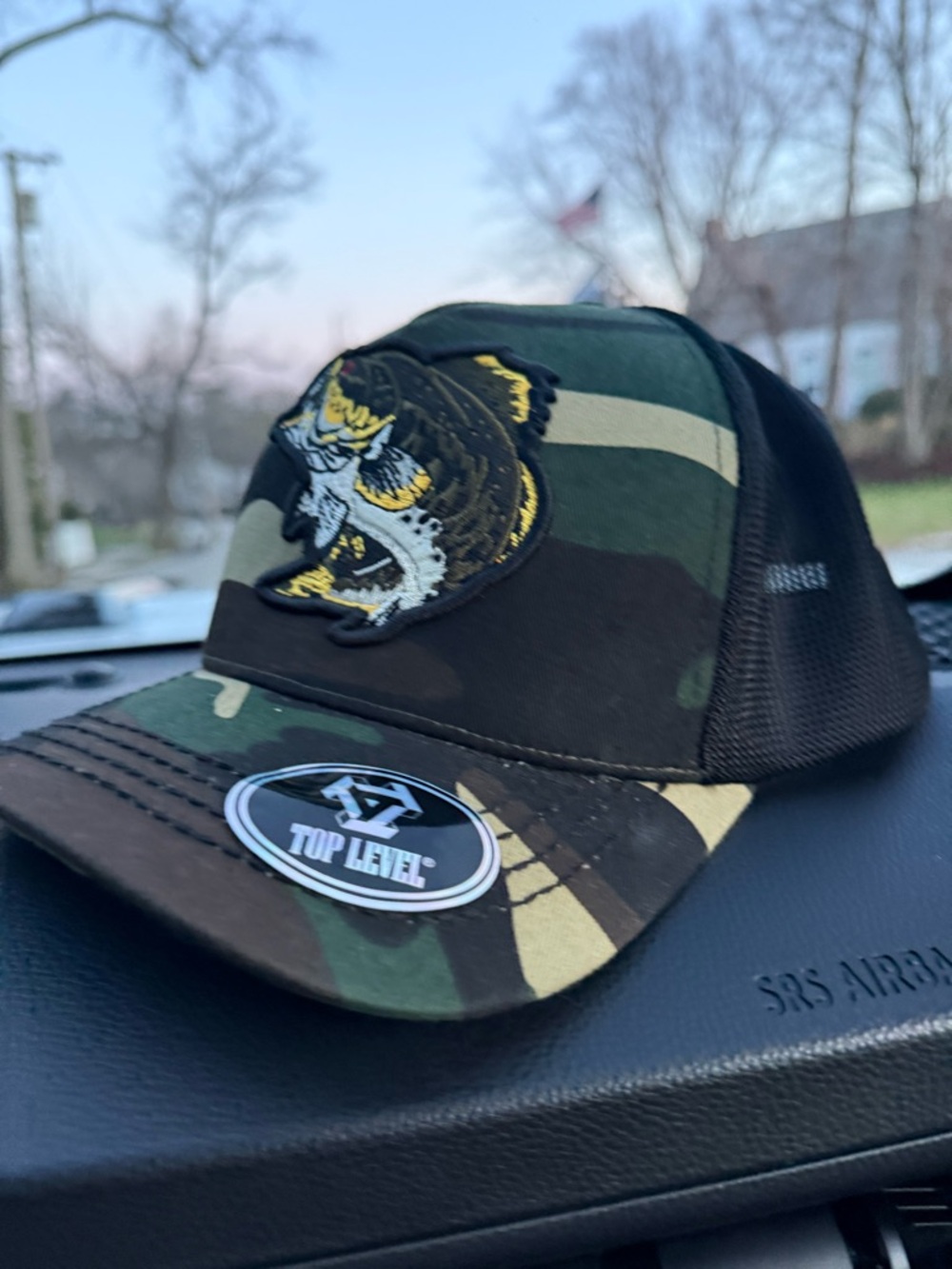Top Level Camo Trucker Hat with Tiger Patch - Green